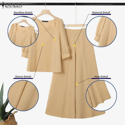2026 Summer Outfits Elegant Women OL Work Wide Leg Pants Sets ZANZEA  Square Neck 3/4 Sleeve Blouse Trousers Solid 2 Pieces Sets