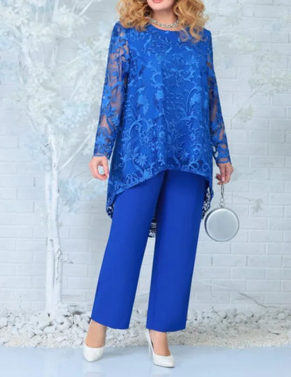 Women's Evening Dress Lace Embroidered Pants Two-piece Cocktail Dress Set Plus Size 2 Piece Set Women Summer