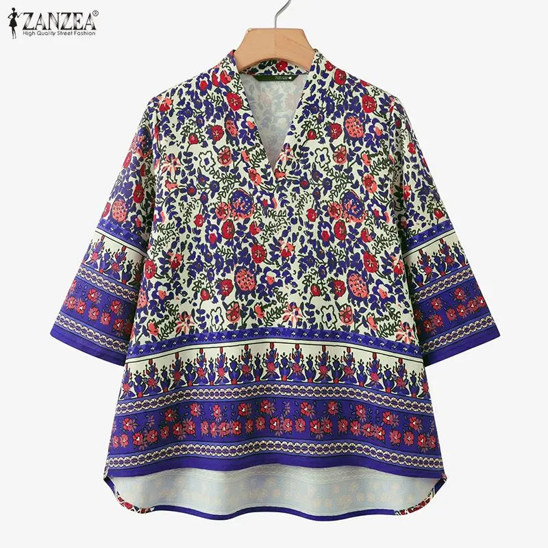 ZANZEA Woman Bohemian Floral Print Blouses V-Neck 3/4 Sleeve High Low Kimono Tops 2026 Summer Casual Loose Vacation Blusas Mujer