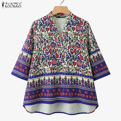ZANZEA Woman Bohemian Floral Print Blouses V-Neck 3/4 Sleeve High Low Kimono Tops 2026 Summer Casual Loose Vacation Blusas Mujer