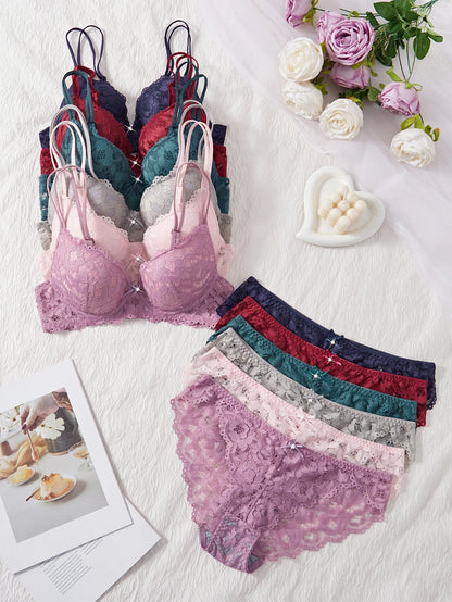 6-Piece Set Women's Underwear Set Sexy Patterned Lace Patchwork No Lining Comfortable Fitting Women's Push-Up Bra Sexy Lingerie
