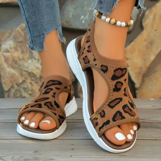 Women's Casual Sandals Open Toe Low Platform Heel Animal Pattern Slip on Sporty Slingback Outdoor Walking Footwear Knit Upper