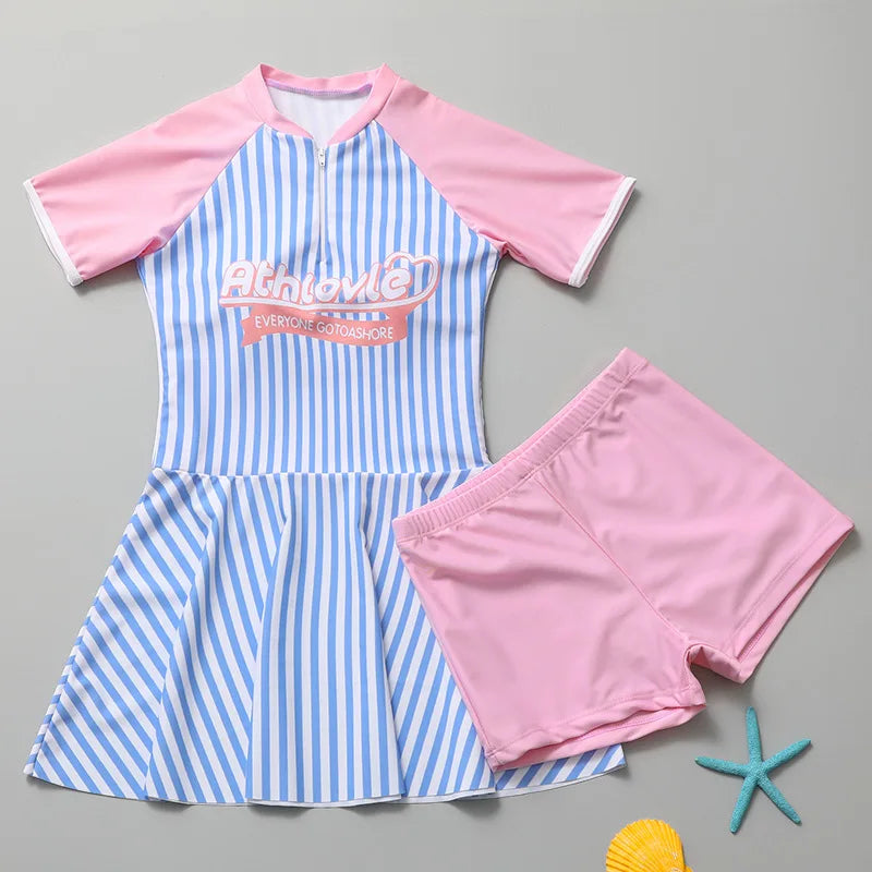 Two Pieces Children Swimsuit for Girls Sport Swim Dress Tankini Skirt Set with Boyshort Cute Summer Beach Bathing Suit Bikini