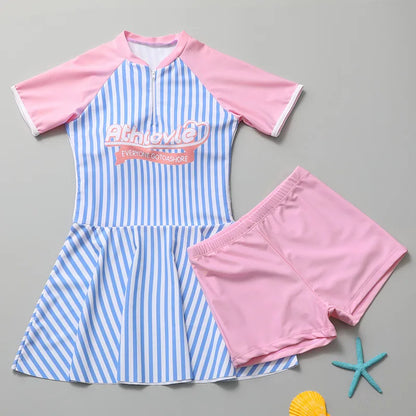 Two Pieces Children Swimsuit for Girls Sport Swim Dress Tankini Skirt Set with Boyshort Cute Summer Beach Bathing Suit Bikini