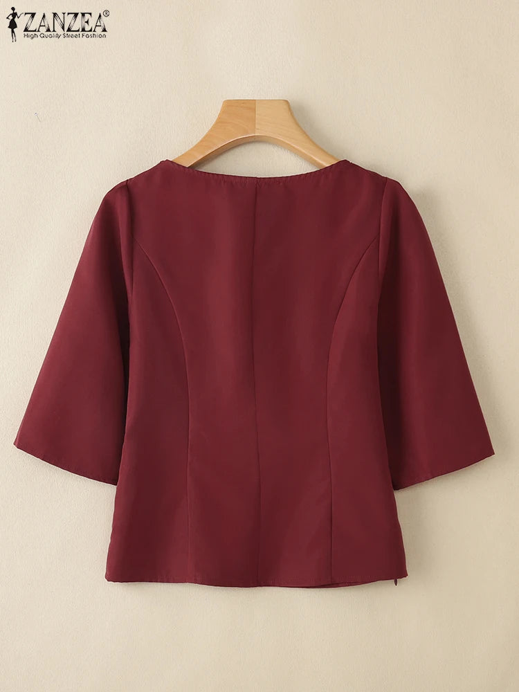 ZANZEA Elegant Womens Blouses Fashion Square Neck 3/4 Puff Sleeve Blusas Mujer 2025 Spring Summer Casual Side-Zip Short Tops