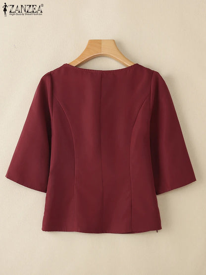 ZANZEA Elegant Womens Blouses Fashion Square Neck 3/4 Puff Sleeve Blusas Mujer 2025 Spring Summer Casual Side-Zip Short Tops