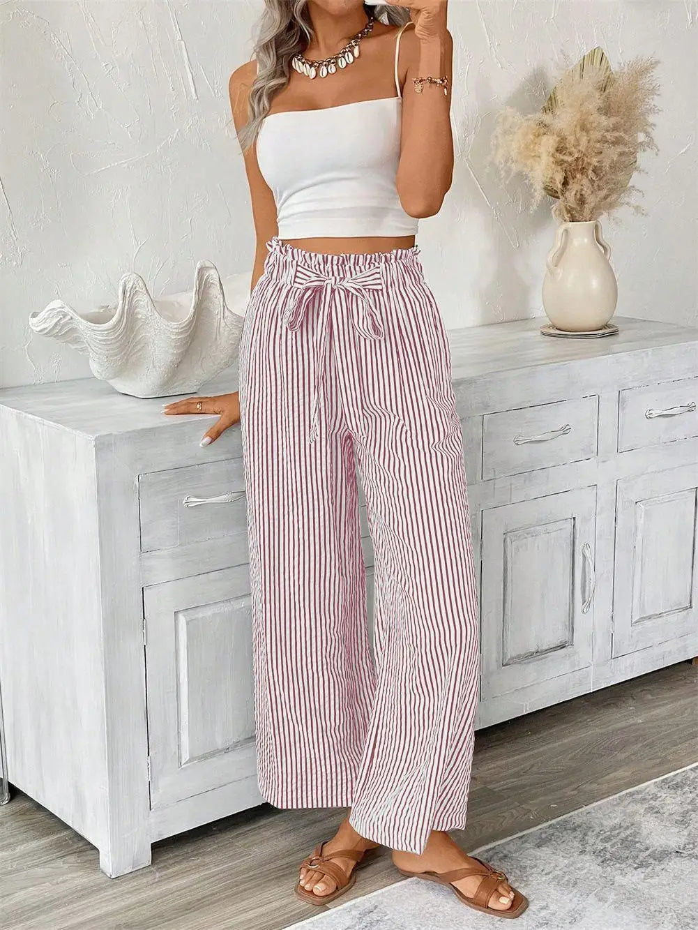 Spring Summer New High Waist Straight Leg Pants Women, European Stripe Wide Leg Trousers, Office Casual Paper Bag Pants, Loose F