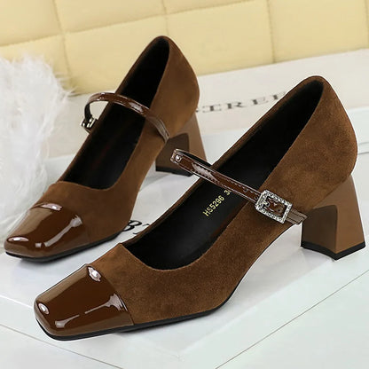 BIGTREE Shoes Leopard Print Women Pumps Suede Middle Heel Shoes Sexy Mary Jane Shoes Rhinestone Buckle Ladies Shoes Square Head