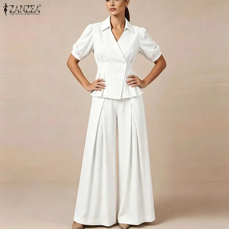 Women Elegant Office Pant Sets Puff Sleeve Peplum Tops Wide Leg Pants Pleated Cinched Waist Workwear V-Neck Solid Suit ZANZEA