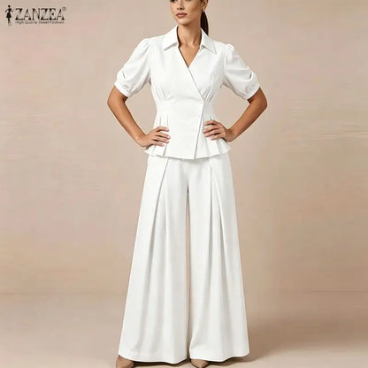 Women Elegant Office Pant Sets Puff Sleeve Peplum Tops Wide Leg Pants Pleated Cinched Waist Workwear V-Neck Solid Suit ZANZEA