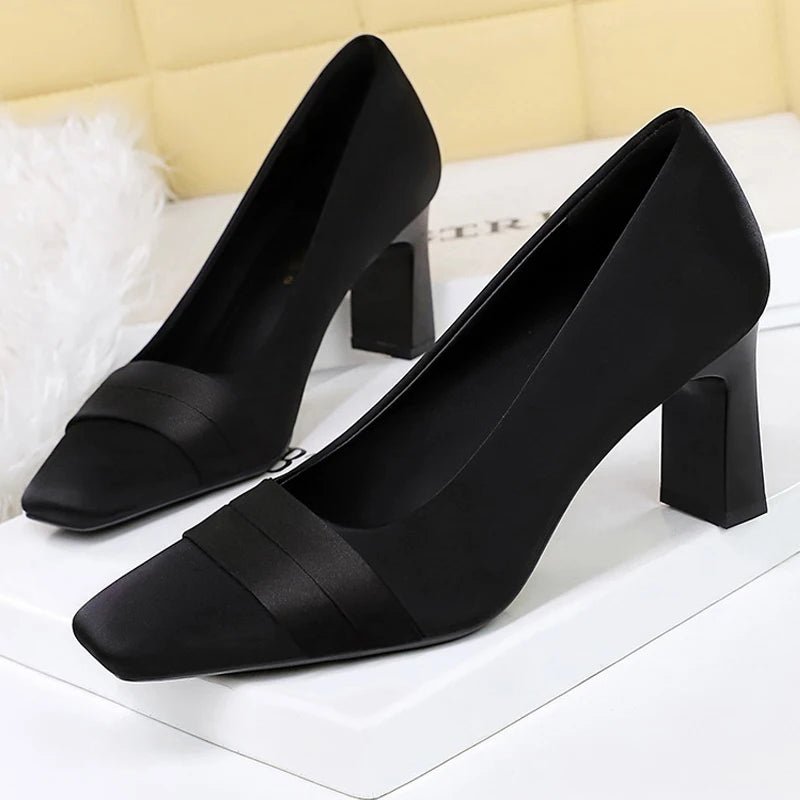 BIGTREE Shoes Square Head Women Pumps Silks Satins High Heels Banquet Dress With Bridesmaid Shoes Chunky Heel Ladies Shoes New