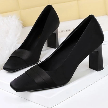 BIGTREE Shoes Square Head Women Pumps Silks Satins High Heels Banquet Dress With Bridesmaid Shoes Chunky Heel Ladies Shoes New