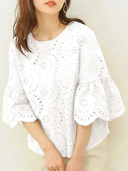 ZANZEA 3/4 Ruffle Sleeve Loose Blusa Women Hollow Out Lace Patchwork Solid Color Tops Everyday 2024 Summer Casual Elegant Blouse
