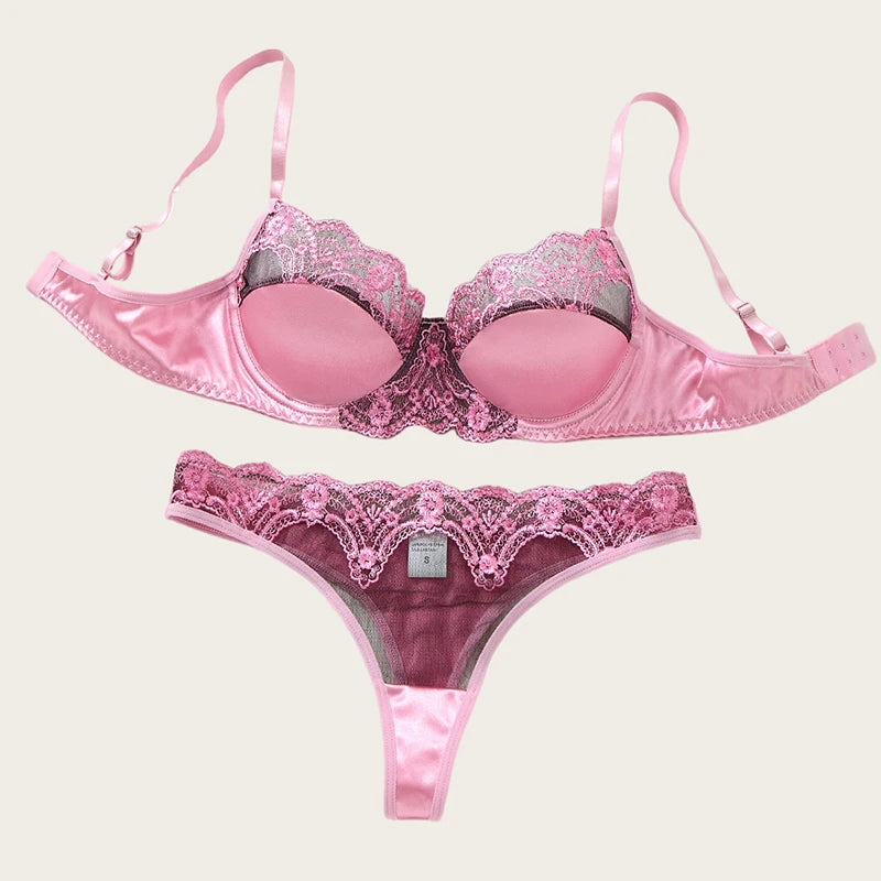 Women Elegant Pink Lingerie Set Mesh Splicing Floral Embroidery Underwear Female Push Up Bra Set Luxury Intimate Sexy Lingerie