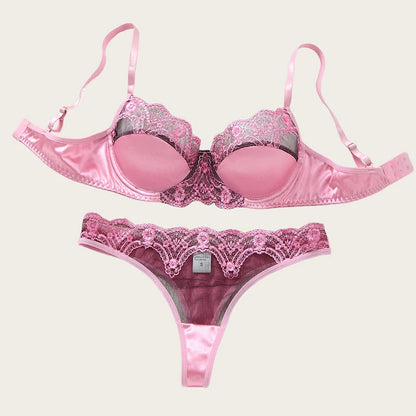 Women Elegant Pink Lingerie Set Mesh Splicing Floral Embroidery Underwear Female Push Up Bra Set Luxury Intimate Sexy Lingerie
