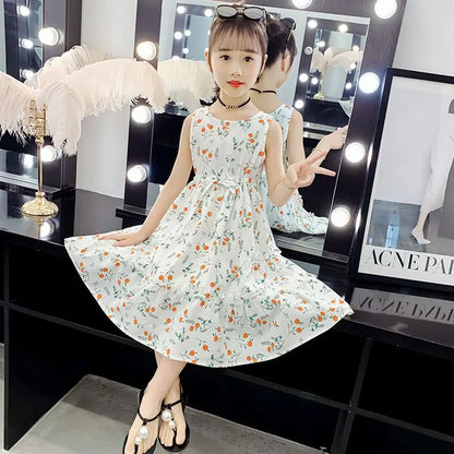 Floral Princess Dress with Waist Tie Trendy Tweens Girls Clothing Dresses 6 8 Years Frocks Kids Girly Clothes Skirt Girl Elegant