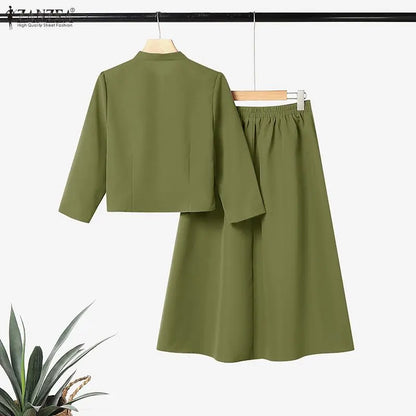 2026 ZANZEA Spring 2 Piece Sets Elegant Office Dress Sets Women Stylish Solid Work Outfit Stand Neck 3/4 Sleeve Shirt Skirt Suit