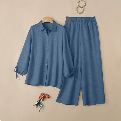 ZANZEA Women Twill Pant Sets Loose Lantern Sleeve Shirt & Elastic Waist Pant 2 Piece Sets 2026 Autumn Casual Daily Wear Co-ords