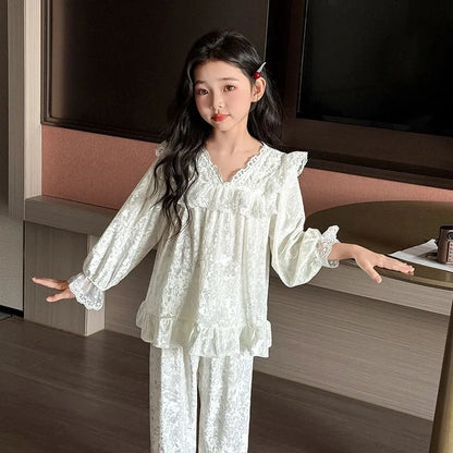 Girls' Velvet Pajamas 6-12 Years Sweetheart Lace Trim Sleepwear for Spring Autumn Warm Cotton Lining Children's Nightwear