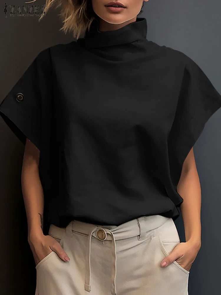 ZANZEA Women Stylish Turtleneck Chic Blouses 2025 Summer Trendy Cap Sleeve Streetwear Loose Casual Blusas Mujer Solid Color Tops