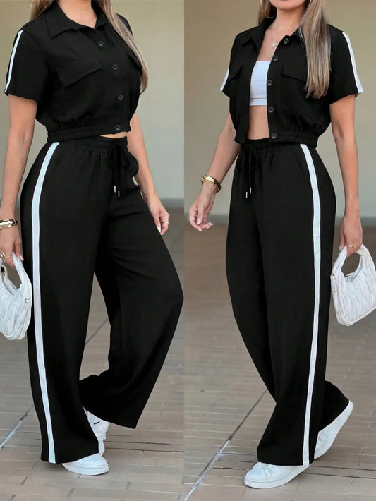 Women's Spring and Summer New Fashion Open-Collar Short-Sleeve Navel-Exposing Jacket Set with Casual Daily Striped Elastic Waist Drawstring Loose Long Pants Two-Piece Set