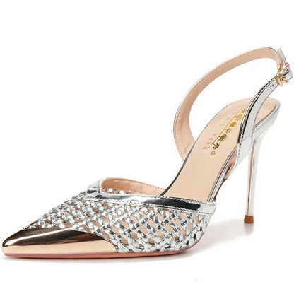 BIGTREE Fashion Hollow Woven Slim Heel Sandals Women Shoes Summer Advanced Metal Pointed High Heels Women Pumps Stiletto 8.5 cm