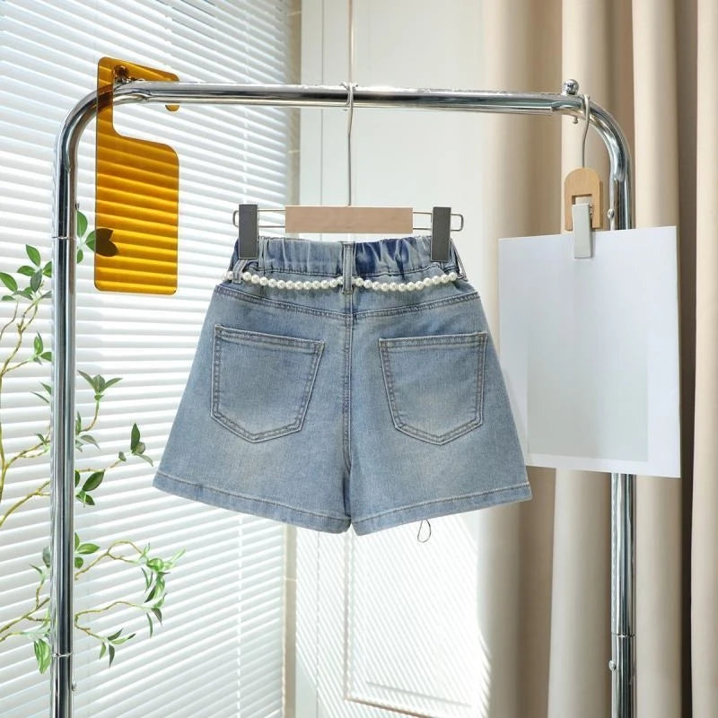 Girls Denim Skort 2026 Summer Kids Short Pants Cute Sweet Style Fake Two Piece Design Comfortable Stretch Casual Versatile