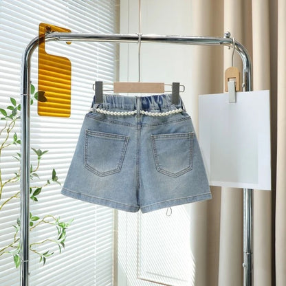 Girls Denim Skort 2026 Summer Kids Short Pants Cute Sweet Style Fake Two Piece Design Comfortable Stretch Casual Versatile
