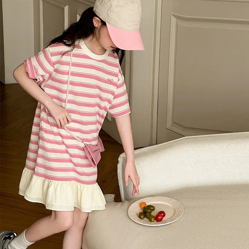 2026 Summer Kids girls cotton patchwork flounce lace striped T-SHIRT Dresses cotton Princess Children 5 6 7 8 10 11 12 13 Years