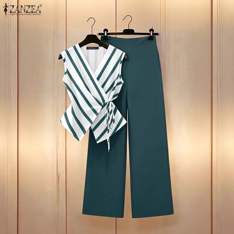 ZANZEA Fashion Summer V Neck Sleeveless Striped Tanks Tops Pants Sets Women Matching Sets Casual OL Work Outfits 2 Pieces Sets