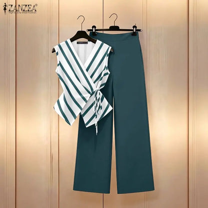 ZANZEA Fashion Summer V Neck Sleeveless Striped Tanks Tops Pants Sets Women Matching Sets Casual OL Work Outfits 2 Pieces Sets