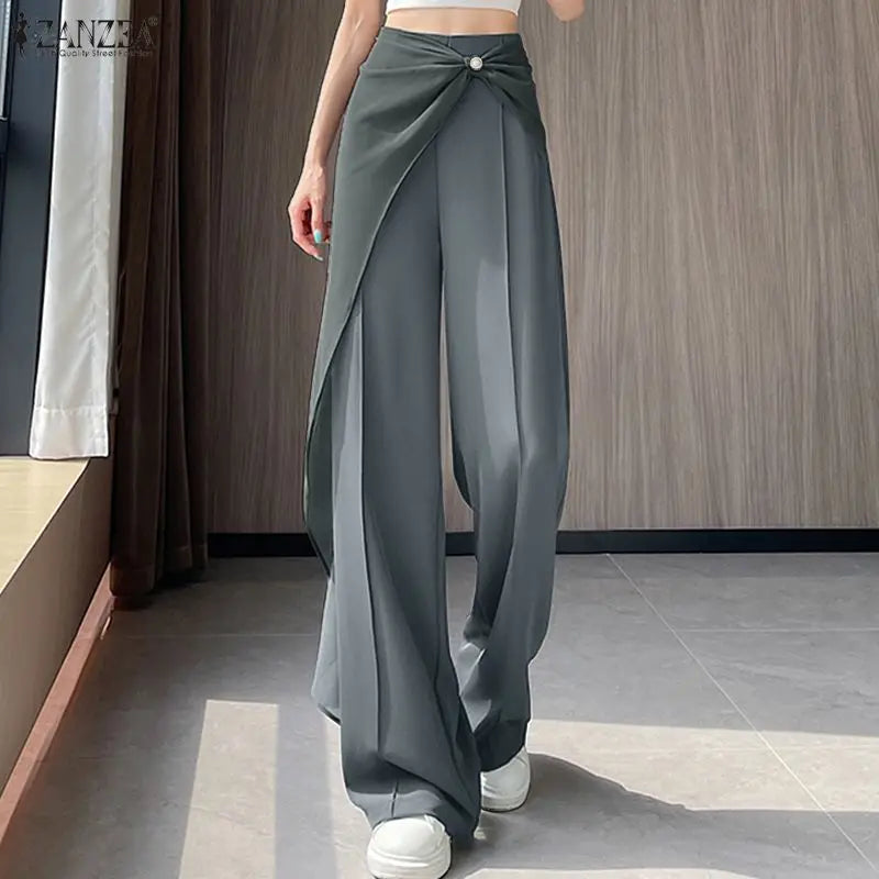 ZANZEA Women Pants Patchwork Summer Autumn Fashion Wide Leg Pants Solid Color Female Loose Bottoms Streetwear 3XL Oversize
