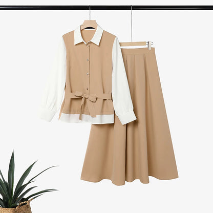 ZANZEA Autumn Outfits Elegant Long Sleeve Patchwork Blouse A Line Pleated Maxi Skirt Suit Women Muslim Two Piece Sets Ramadan