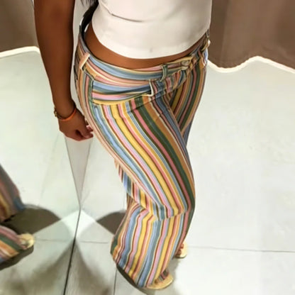 HXAO Rainbow Striped Jeans Women's Pants Spring 2026 Casual Straight Leg Mid-Waisted Trousers Fashion Streetwear Pants For Women