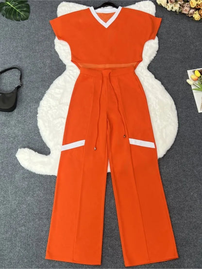 Elegant Women's Casual Short Sleeve T-shirt Sports Suit Summer Fashion Solid V Neck Short Top & Straight Pants Two Piece Sets