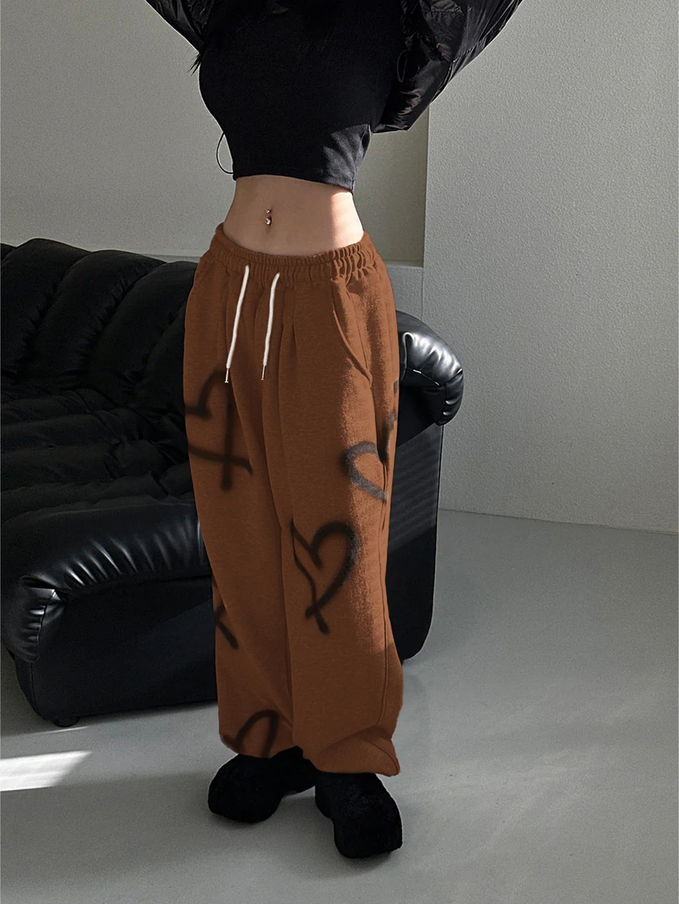 Women's Random Heart Print Drawstring Waist Sweatpants Y2k Pants Wide Leg Sweatpants