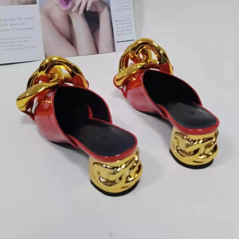 Gold Chain Slippers Woman Pointed Toe Red Black Patent Leather  High Heel Shoes Lady Fashion Muller Slippers