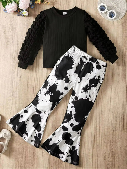 Girls 2pcs Set with Spliced Popcorn Bubble Sleeve Top & Black And White Spotted Cow Print Flared Trousers Winter Casual Outfit