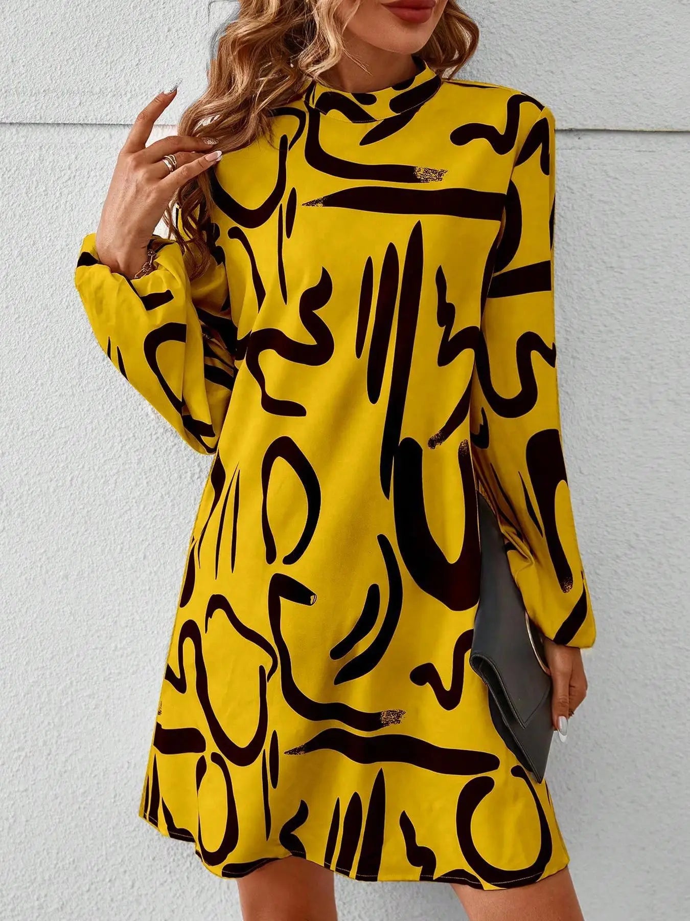 Women's All Over Print Keyhole Neckline Tunic Dress, Sleeve Short Dress for Fall & Winter, Women's Clothing for Daily Wear