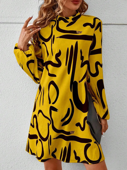 Women's All Over Print Keyhole Neckline Tunic Dress, Sleeve Short Dress for Fall & Winter, Women's Clothing for Daily Wear