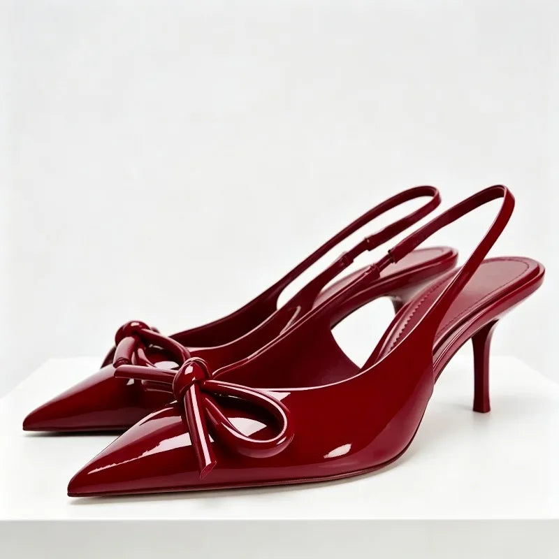 Luxury Designer Red Bow High Heels Women Summer Sexy Pointed Toe Patent Leather Women Pumps Elegant Slingback Heeled Sandals