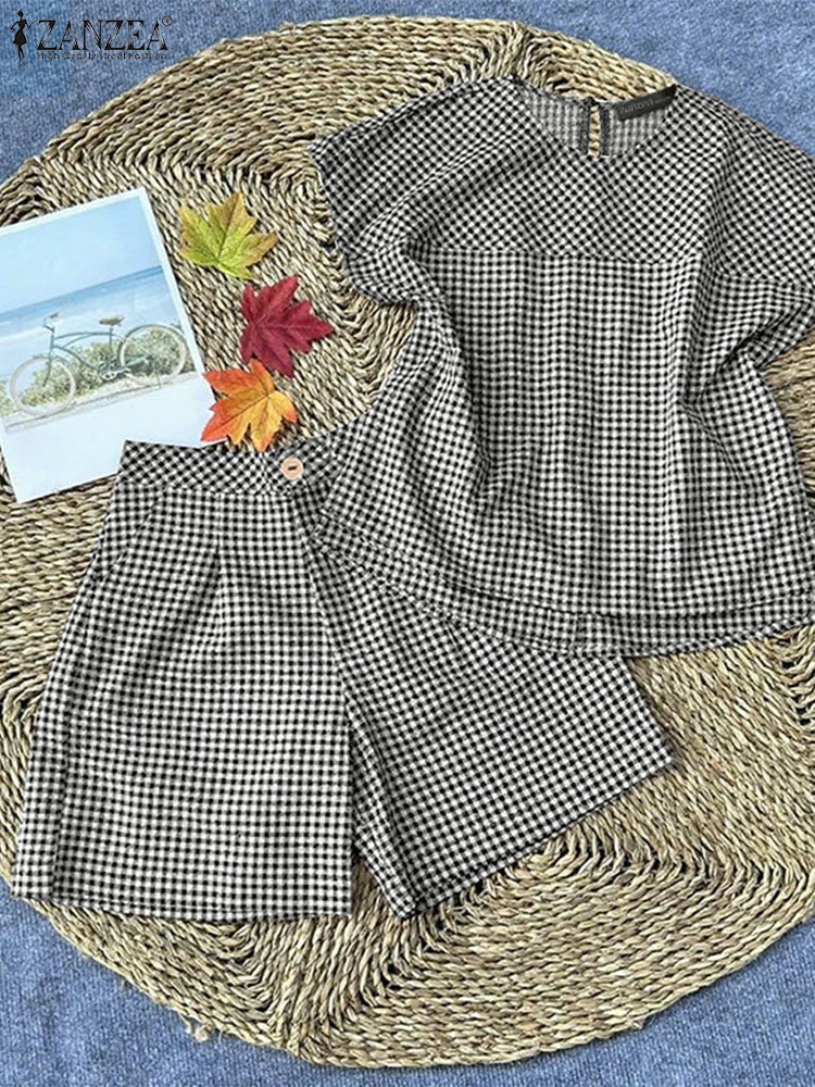 ZANZEA 2025 Vintage Short Sleeve Plaid Checked Blouses Short Sets Summer 2PCS Women Matching Sets Casual Outfits Loose Tracksuit