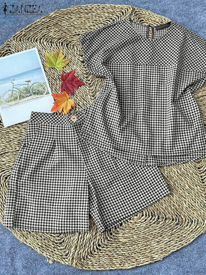 ZANZEA 2025 Vintage Short Sleeve Plaid Checked Blouses Short Sets Summer 2PCS Women Matching Sets Casual Outfits Loose Tracksuit