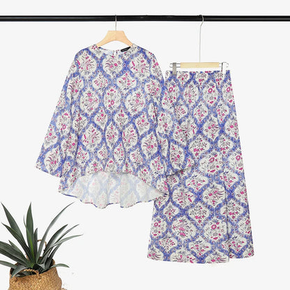 Fashion Women Muslim 2 Piece Sets ZANZEA Printed Outfits Bohemain Casual O Neck Long Sleeve Blouse Skirt Suit Hijab Tracksuit