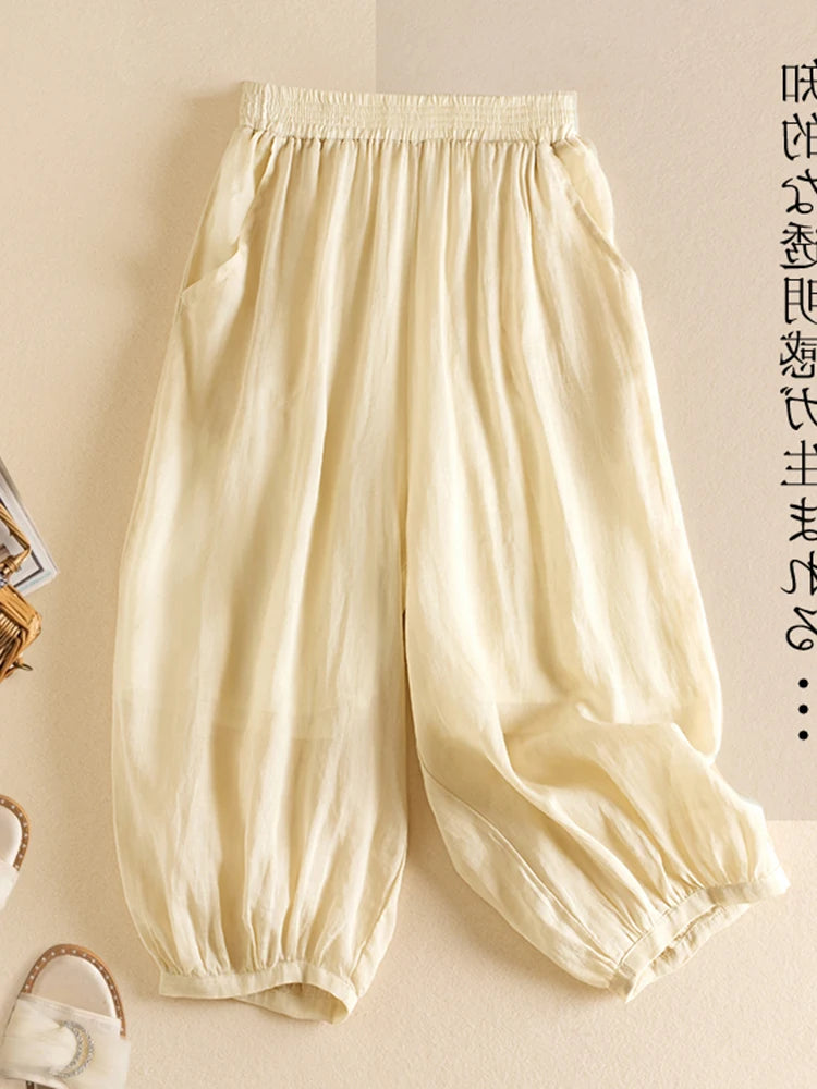 Summer Casual Cotton Linen Double Layer Lantern Pants Loose Elastic Waist Pure Color Wide Leg Harem Trousers for plus Size Women