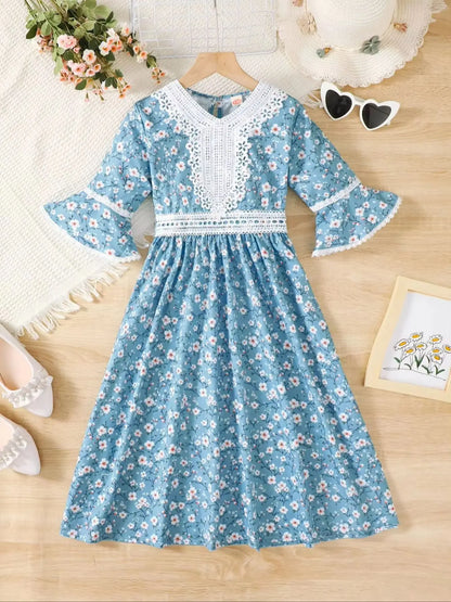 Middle East Girls Big Kids Short Sleeve Dress Floral Pattern Ethnic Style Summer Children Fashion Comfortable Versatile Dress