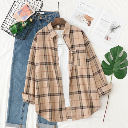 Fresh Flannel Plaid Shirt Women 2026 New Female Blouses and Tops Cotton Loose Long Sleeve Casual Shirts Fine Women's Clothes