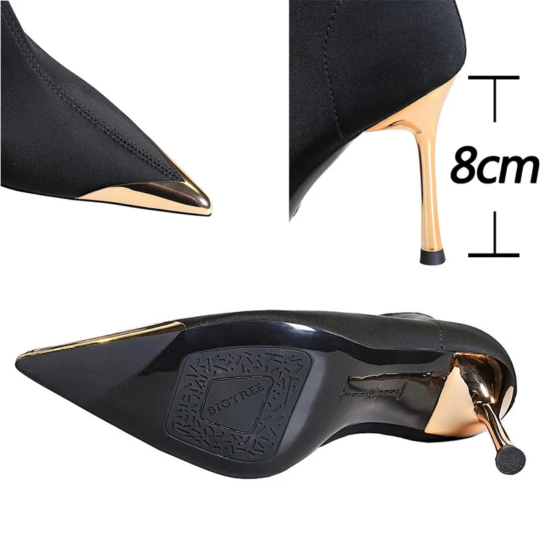 BIGTREE Shoes Metal Pointed Short Boots Women Fashion Elastic Boots Stiletto 8 cm High Heel Boots Ladies Shoes Banquet Shoes
