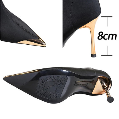 BIGTREE Shoes Metal Pointed Short Boots Women Fashion Elastic Boots Stiletto 8 cm High Heel Boots Ladies Shoes Banquet Shoes