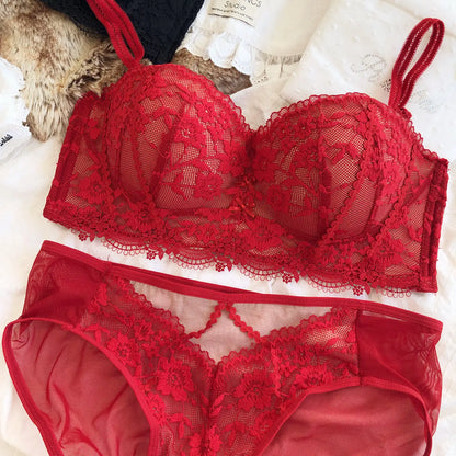 French Lace Push Up Bra Lingerie Set See Through Babydoll Shelf Bustier Half Cup Sexy Bodysuit Women Underwear Thin Thick Bottom